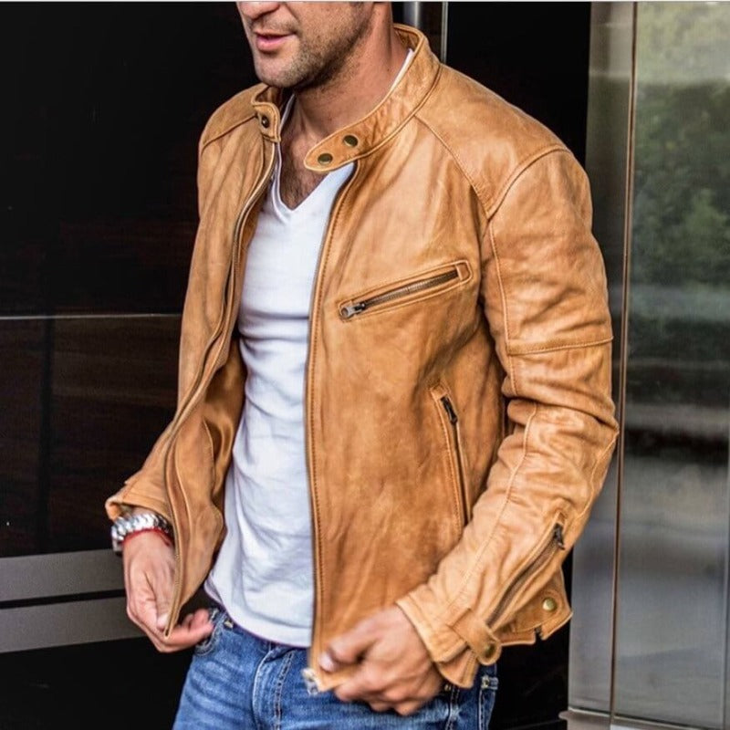 Marcus - Men's Leather Moto Jacket with Snap Collar