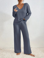 Margaux - Women's Ribbed Knit Loungewear Set with Wide-Leg Pants