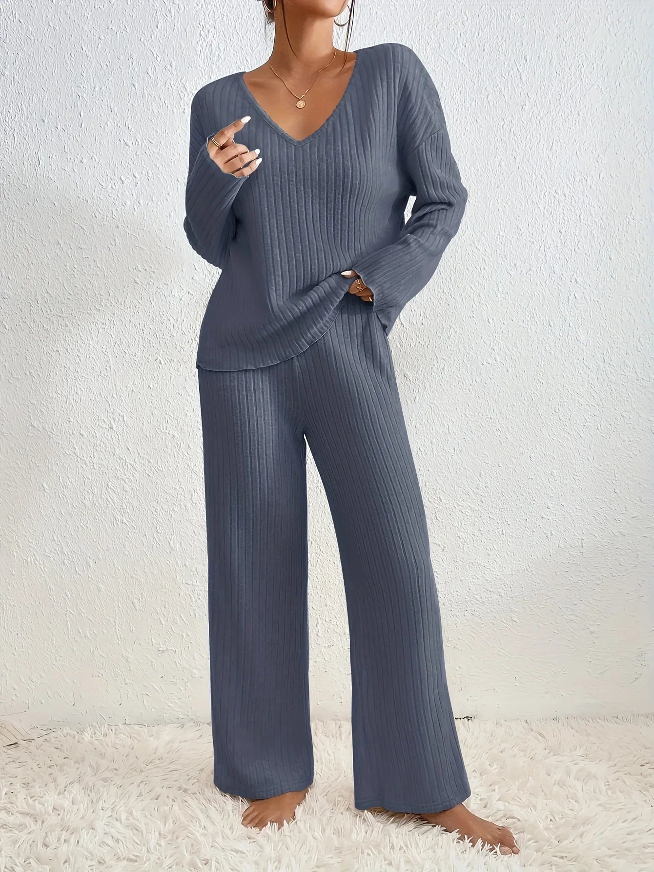Margaux - Women's Ribbed Knit Loungewear Set with Wide-Leg Pants