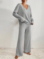 Margaux - Women's Ribbed Knit Loungewear Set with Wide-Leg Pants