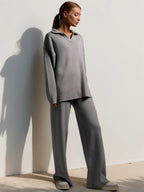 Margot - Women's Collared Oversized Pullover & Relaxed Wide-Leg Trousers Set