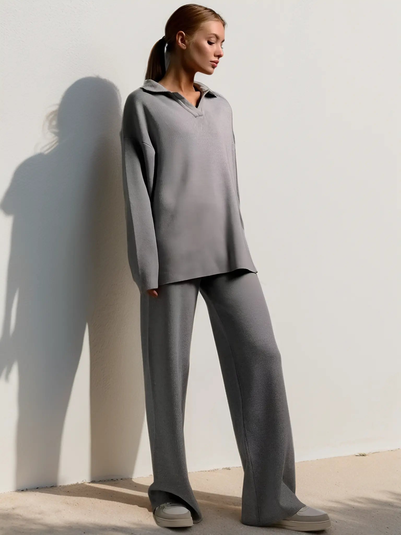 Margot - Women's Collared Oversized Pullover & Relaxed Wide-Leg Trousers Set