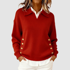 Marguerite - Women's Structured Collar Knit Sweater with Gold Side Buttons