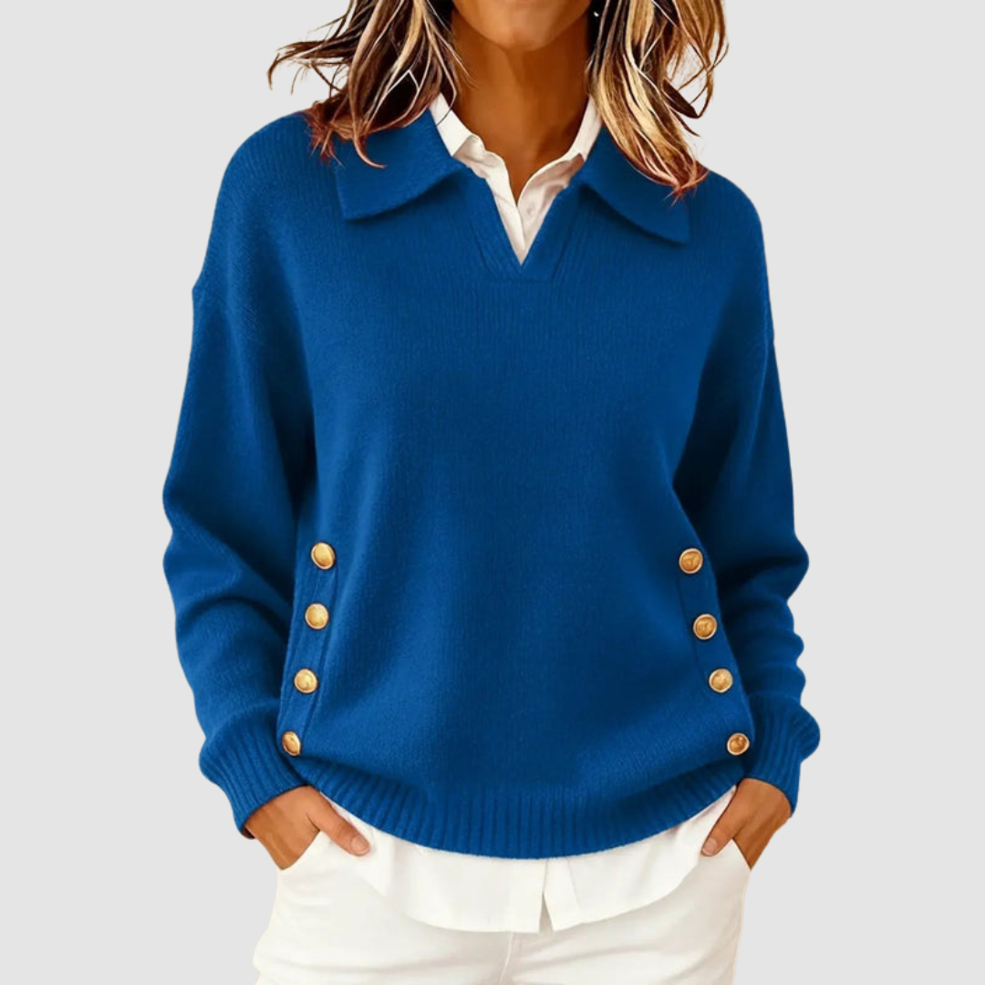 Marguerite - Women's Structured Collar Knit Sweater with Gold Side Buttons