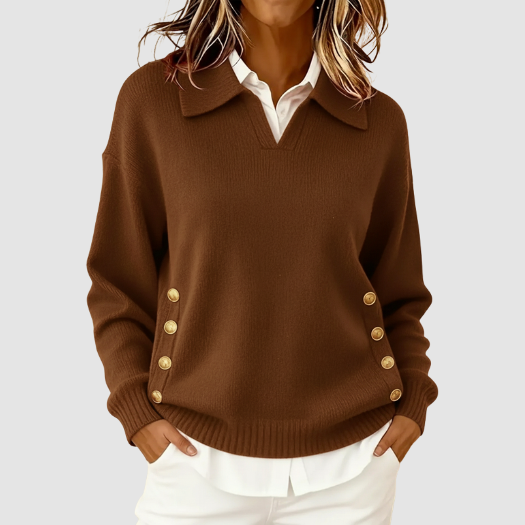 Marguerite - Women's Structured Collar Knit Sweater with Gold Side Buttons