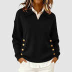 Marguerite - Women's Structured Collar Knit Sweater with Gold Side Buttons