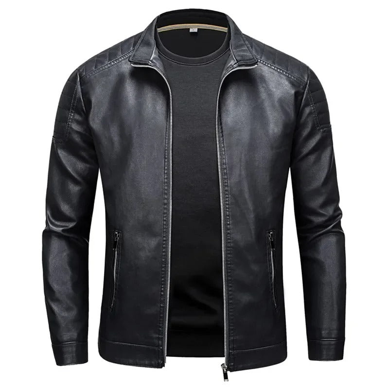 Nikolai - Men's Stand Collar Leather Zip-Up Jacket