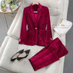Ophelia - Women's Pinstriped Velvet Blazer and Tapered Pant Set