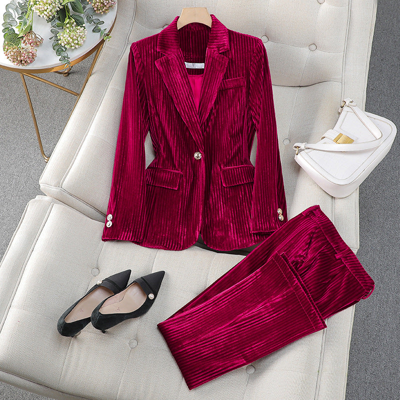 Ophelia - Women's Pinstriped Velvet Blazer and Tapered Pant Set