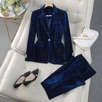 Ophelia - Women's Pinstriped Velvet Blazer and Tapered Pant Set
