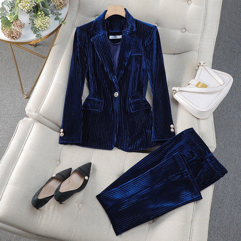 Ophelia - Women's Pinstriped Velvet Blazer and Tapered Pant Set