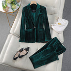 Ophelia - Women's Pinstriped Velvet Blazer and Tapered Pant Set