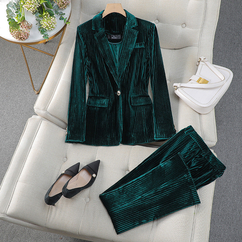 Ophelia - Women's Pinstriped Velvet Blazer and Tapered Pant Set