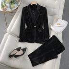 Ophelia - Women's Pinstriped Velvet Blazer and Tapered Pant Set