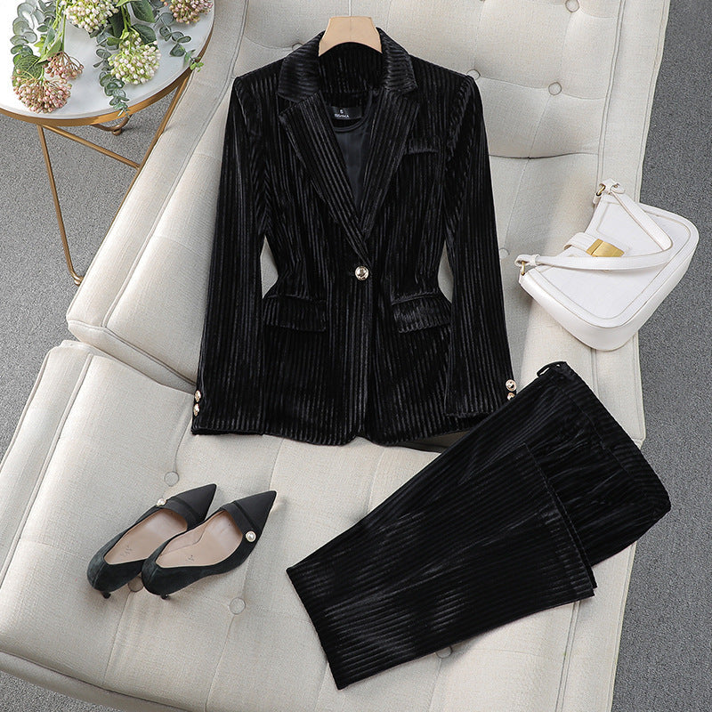 Ophelia - Women's Pinstriped Velvet Blazer and Tapered Pant Set