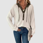 Oriana - Women's Ribbed-Knit Hoodie with Button Front and Drawstring