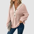 Oriana - Women's Ribbed-Knit Hoodie with Button Front and Drawstring