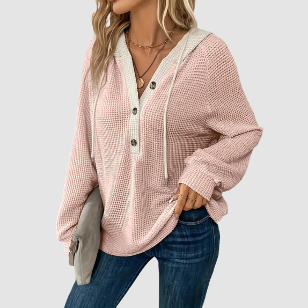 Oriana - Women's Ribbed-Knit Hoodie with Button Front and Drawstring