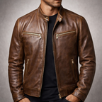 Orion - Men's Vintage Leather Jacket with Front Zip and Chest Pockets