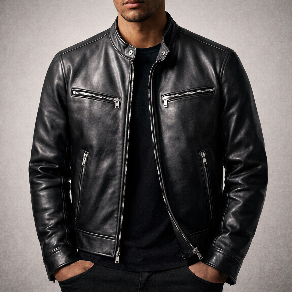 Orion - Men's Vintage Leather Jacket with Front Zip and Chest Pockets