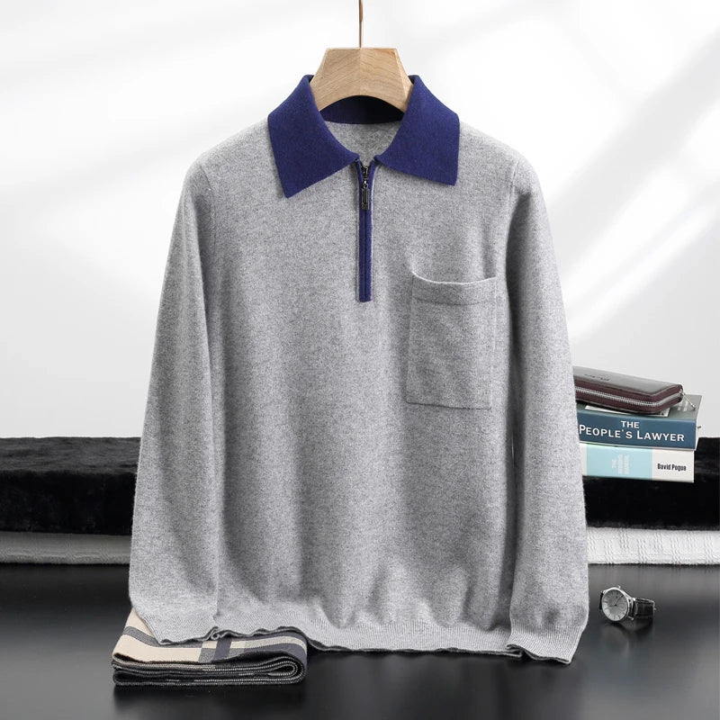 Percival - Men's Cashmere Half-Zip Pullover with Contrast Collar