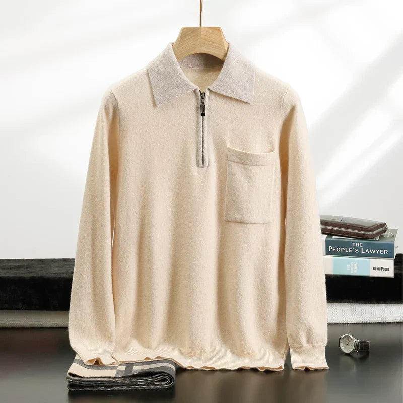 Percival - Men's Cashmere Half-Zip Pullover with Contrast Collar