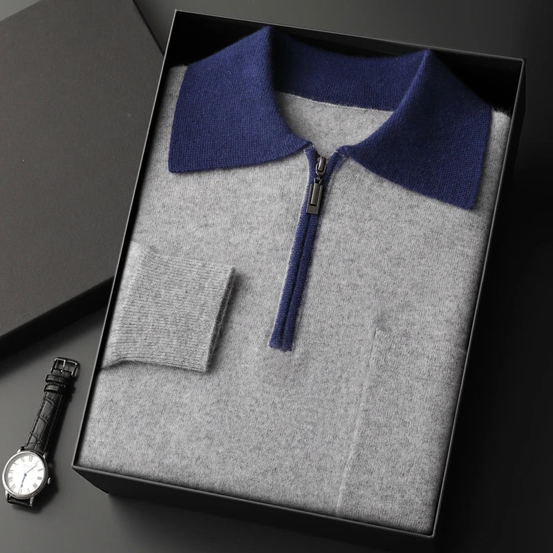 Percival - Men's Cashmere Half-Zip Pullover with Contrast Collar