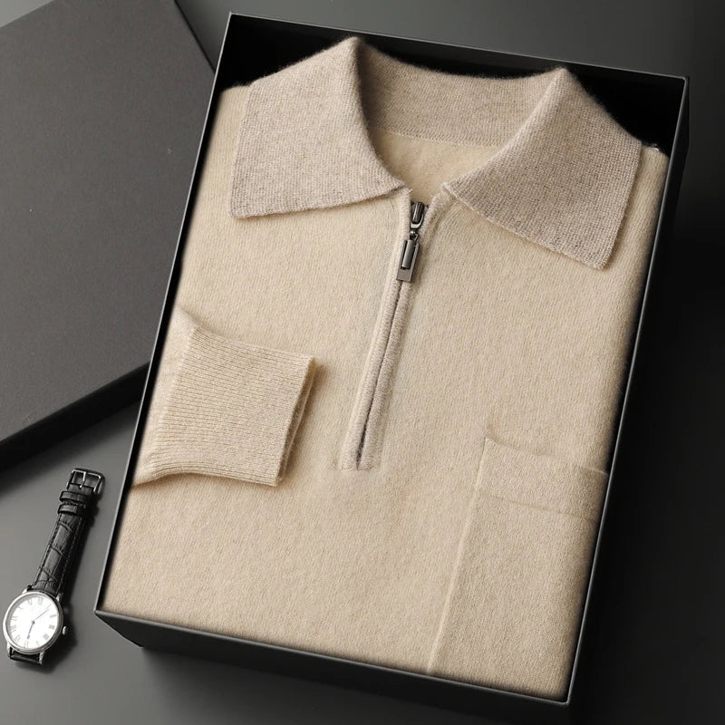 Percival - Men's Cashmere Half-Zip Pullover with Contrast Collar