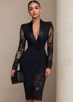 Portia - Women's Shawl Collar Blazer Dress with Floral Lace Sleeves
