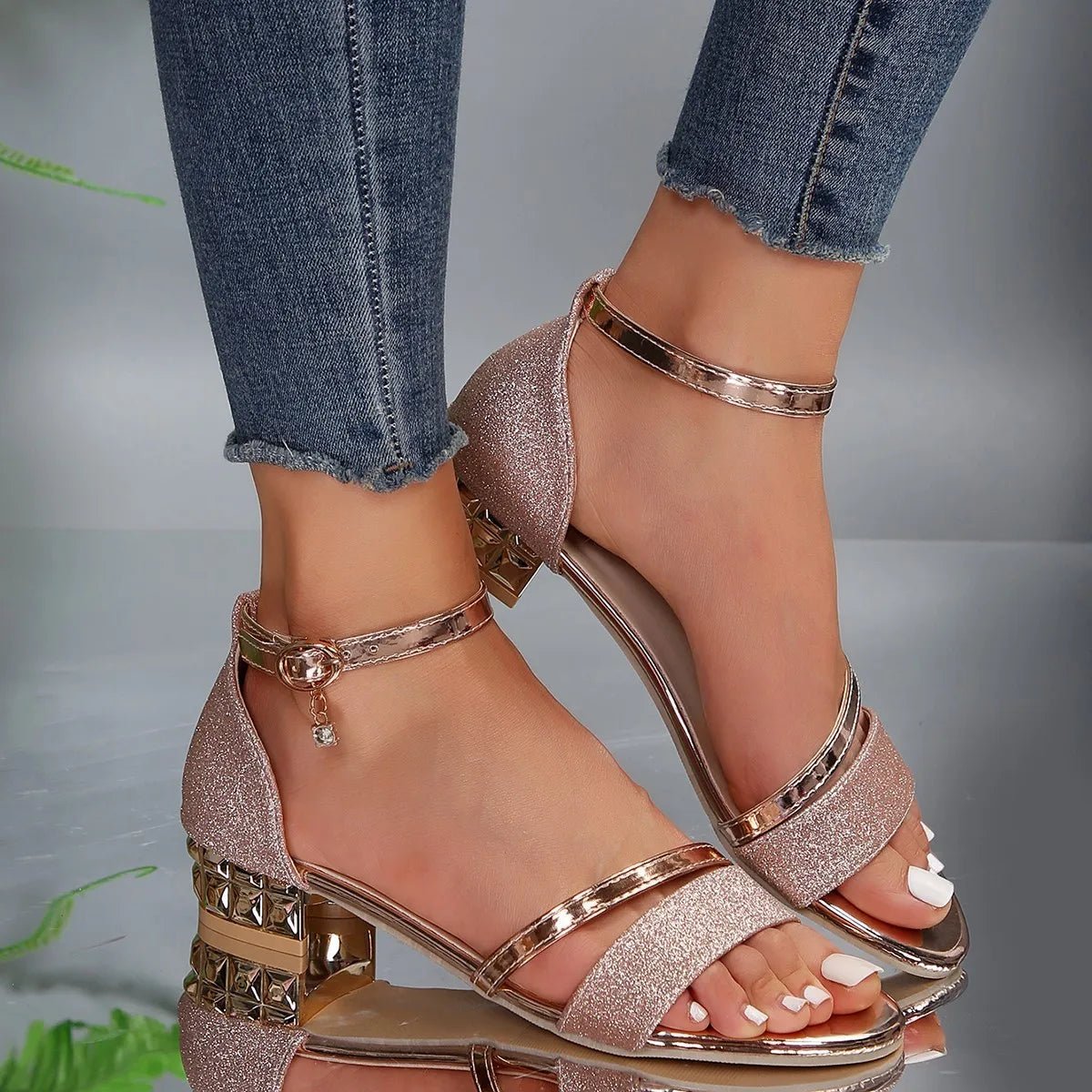 Portia - Women's Sparkle Open-Toe Sandals with Studded Block Heel