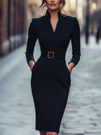 Portia - Women's Wrap Midi Dress with Buckle Belt