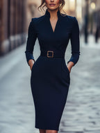 Portia - Women's Wrap Midi Dress with Buckle Belt