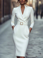 Portia - Women's Wrap Midi Dress with Buckle Belt