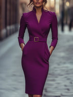 Portia - Women's Wrap Midi Dress with Buckle Belt