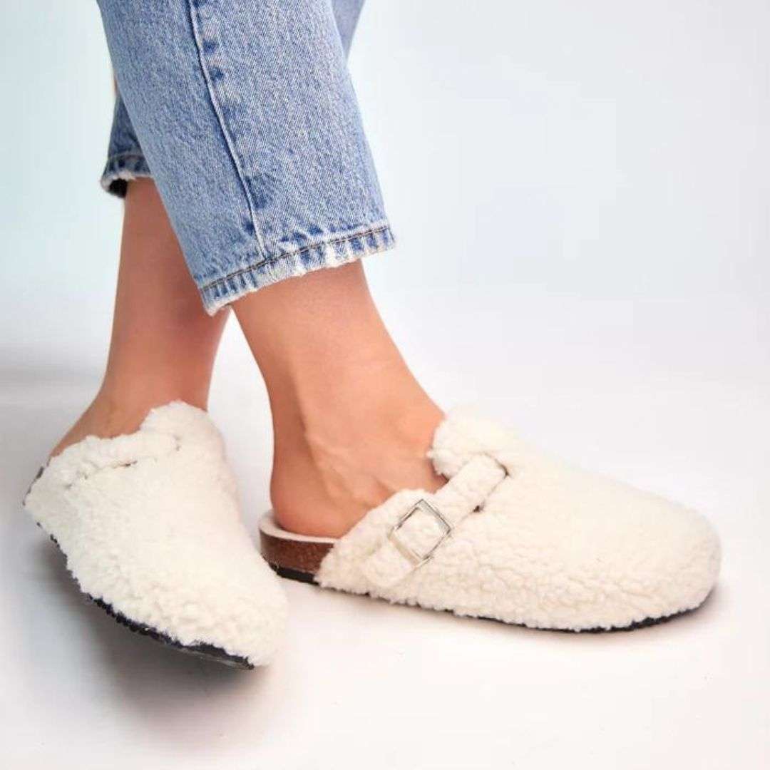Priya - Women's Shearling Clog Slippers with Buckle Detail