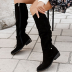 Raina - Women's Knee-High Slouch Boots with Side Zip and Buckle Strap