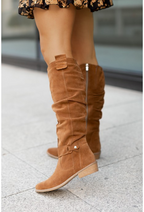 Raina - Women's Knee-High Slouch Boots with Side Zip and Buckle Strap