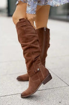 Raina - Women's Knee-High Slouch Boots with Side Zip and Buckle Strap