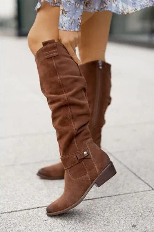 Raina - Women's Knee-High Slouch Boots with Side Zip and Buckle Strap