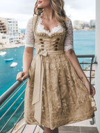 Rosalie - Women's Lace-Up Corset Dirndl Dress with Floral Skirt and Lace Sleeves