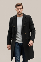 Sinclair - Men's Double-Breasted Tailored Long Coat with Notch Lapels