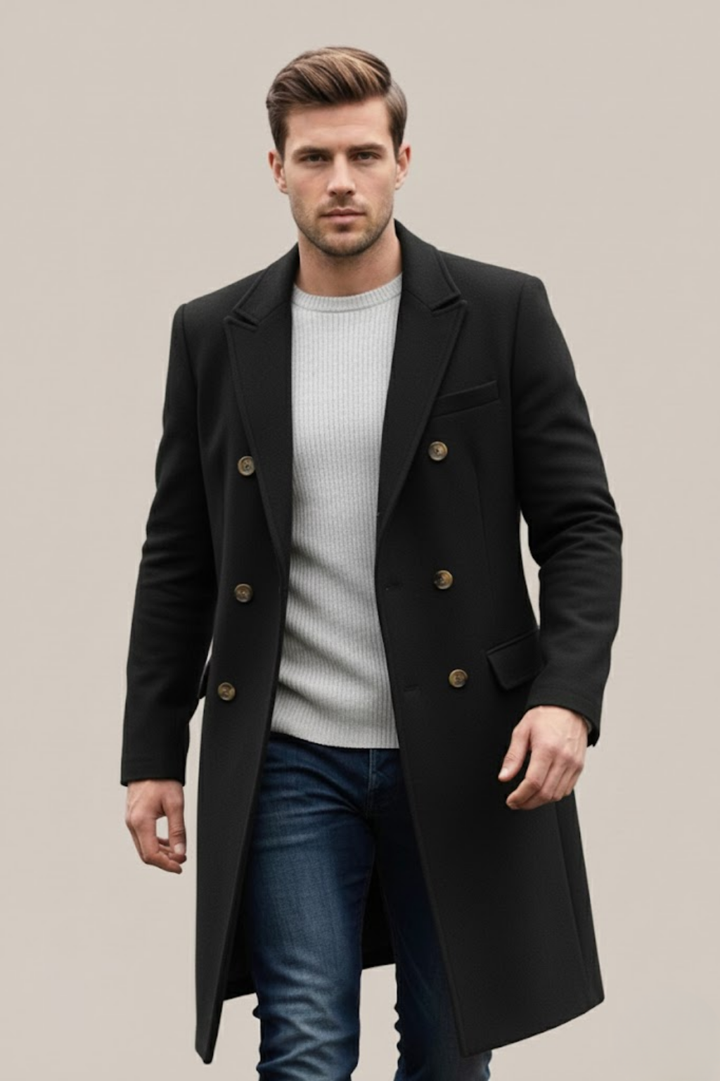 Sinclair - Men's Double-Breasted Tailored Long Coat with Notch Lapels