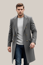Sinclair - Men's Double-Breasted Tailored Long Coat with Notch Lapels