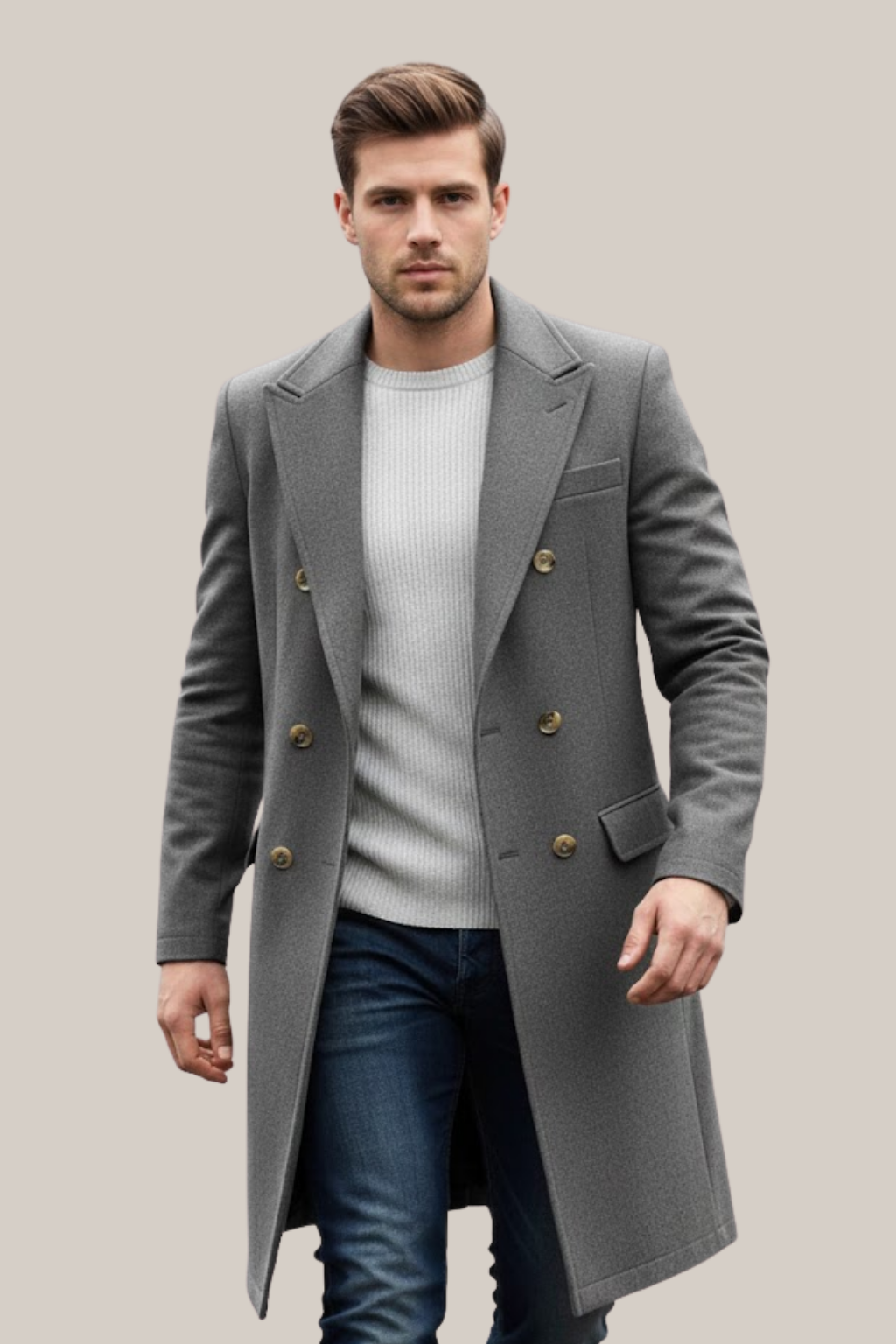 Sinclair - Men's Double-Breasted Tailored Long Coat with Notch Lapels