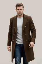 Sinclair - Men's Double-Breasted Tailored Long Coat with Notch Lapels