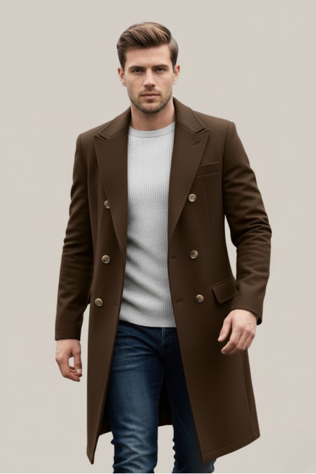 Sinclair - Men's Double-Breasted Tailored Long Coat with Notch Lapels
