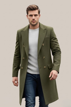 Sinclair - Men's Double-Breasted Tailored Long Coat with Notch Lapels
