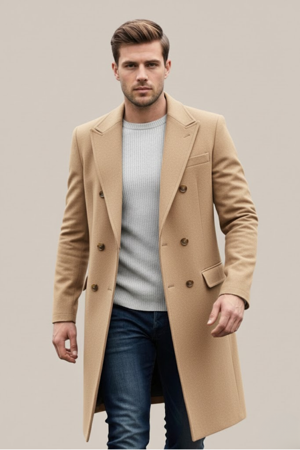 Sinclair - Men's Double-Breasted Tailored Long Coat with Notch Lapels