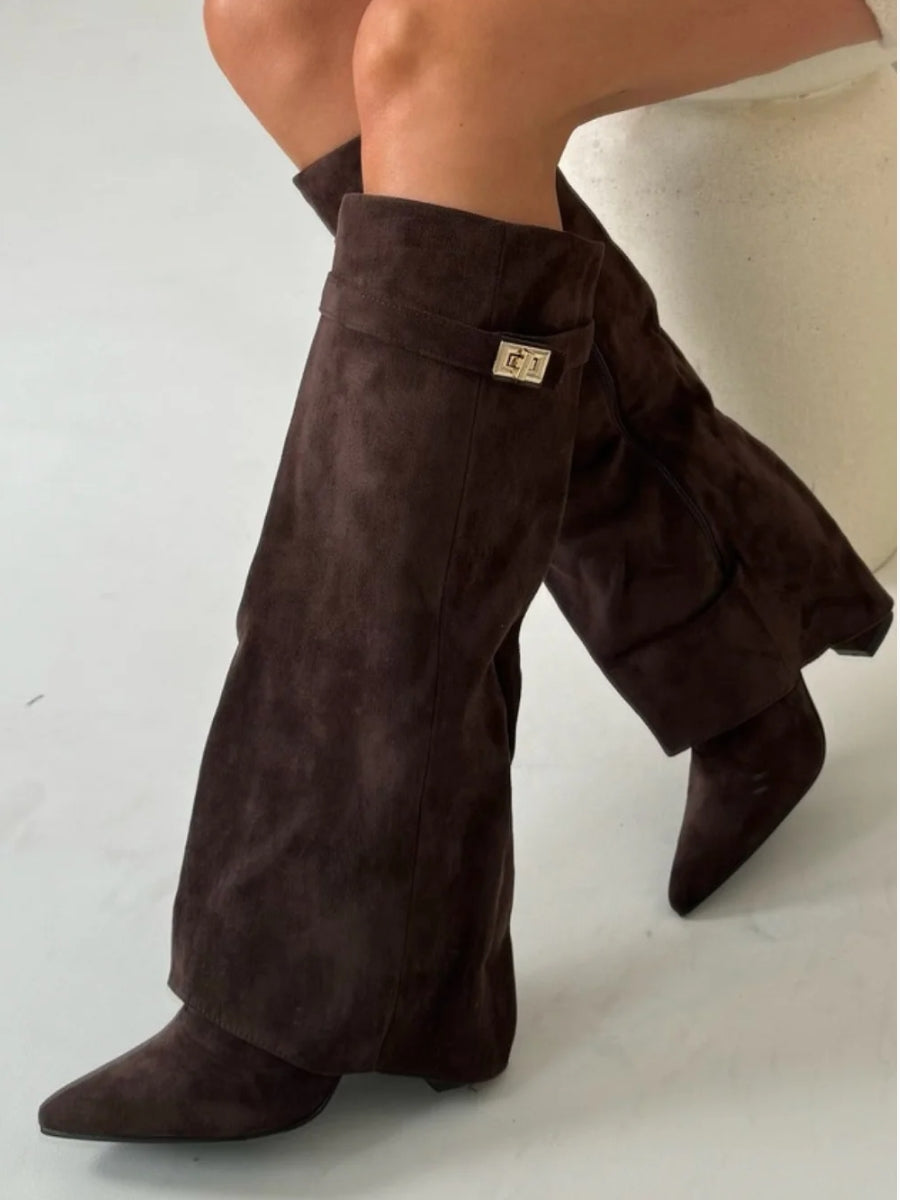 Sutton - Women's Flare-Cuff Buckle Knee-High Boots