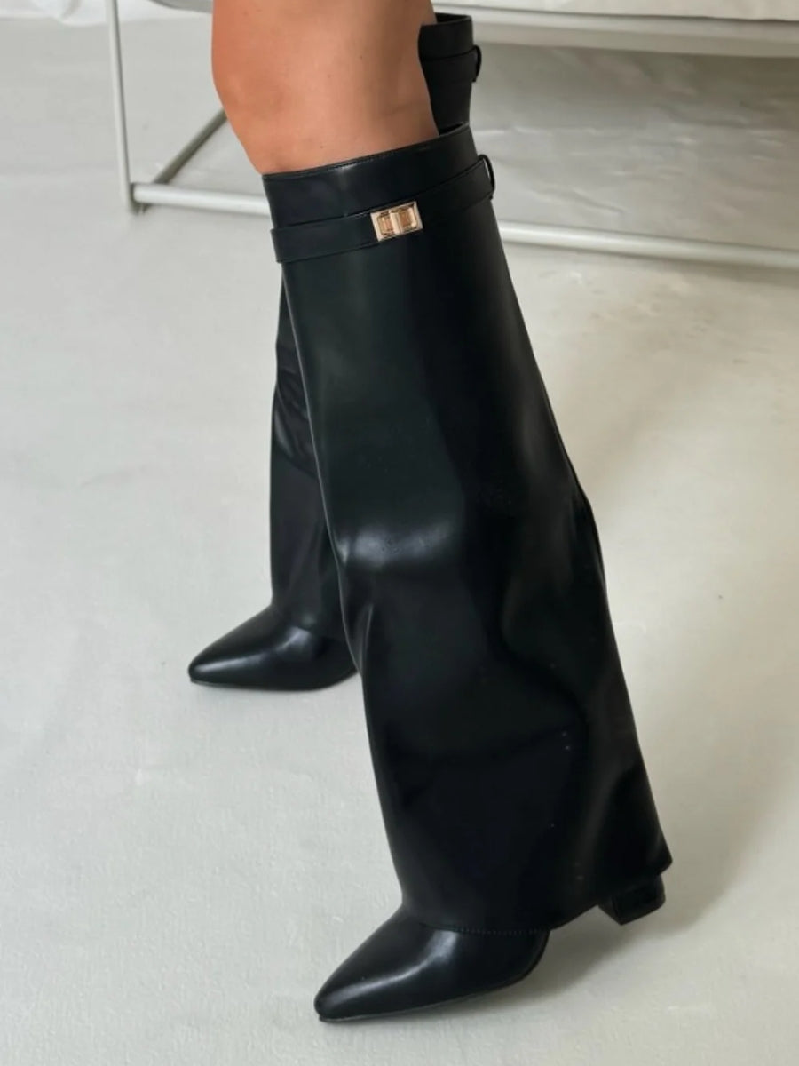 Sutton - Women's Flare-Cuff Buckle Knee-High Boots